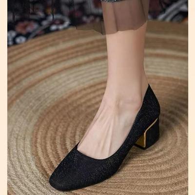 2024 New Versatile Square Head Thick Heel High Heels Large Size Fattened Wide Small Size Single Shoes Shallow Temperament