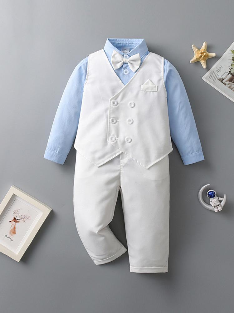 British Gentleman Christening Outfit: Boys' Long-Sleeve Three-Piece Set for Spring & Autumn
