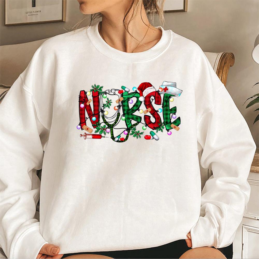 Hanorac unisex de Crăciun pentru asistență medicală Hanorac pentru școala de asistență medicală Pulover de Crăciun Asistentă Pulover de Crăciun Fericit Hanorac cu gâtul rotund Cadou de petrecere de Crăciun
