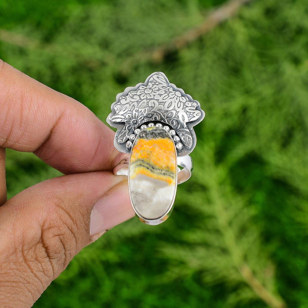 Oval Bumble Bee Jasper Stone Bezel Birthday New Ring Jewelry 925 Sterling Silver