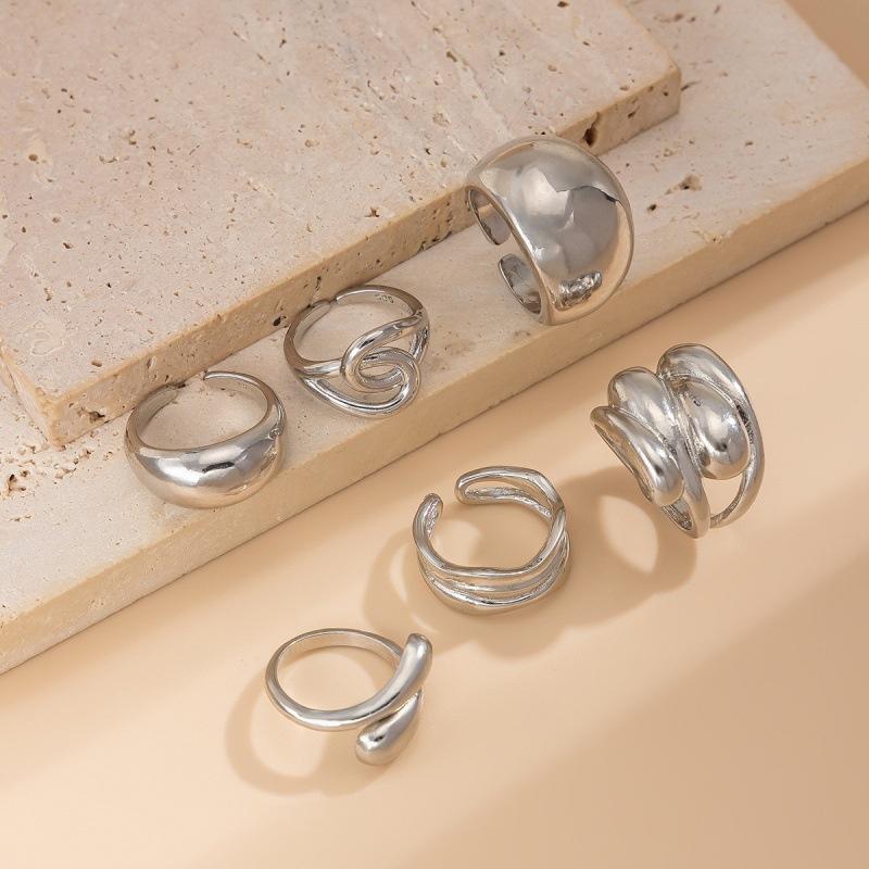 Irregular Liquid Metal Open Ring Set Alloy Electroplated Geometric Minimalist Stackable Finger Rings For Women Daily Fashion Adjustable Jewelry