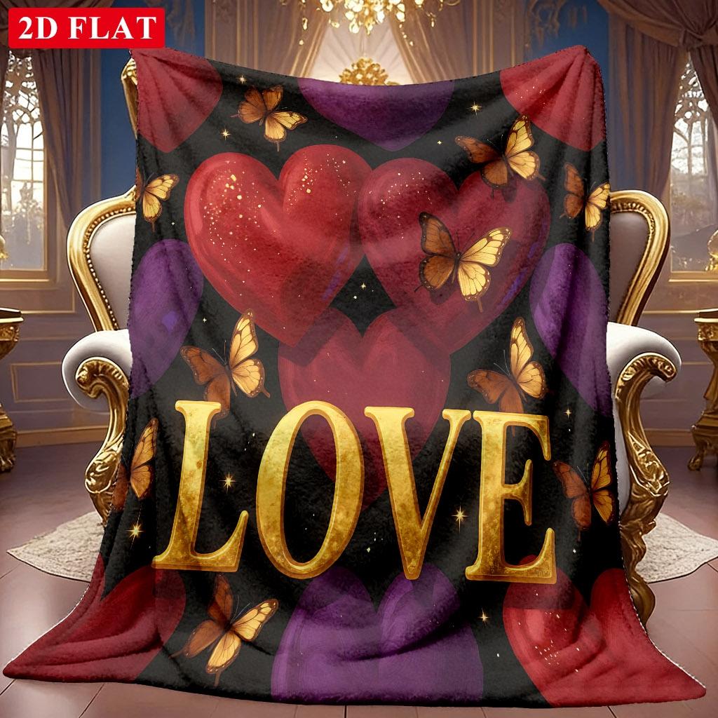 1pc 2D Heart And Butterfly Theme Pattern Flannel Blanket, Soft HD Digital Print, Cooling Blanket All-Season Use! Soft And Breathable 100% Polyester Fi
