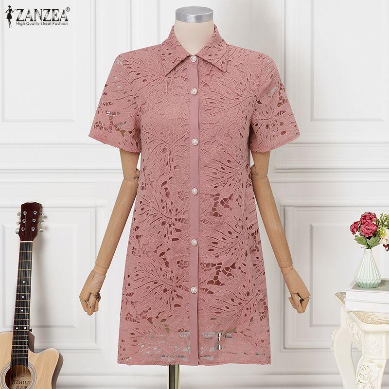 ZANZEA Women Casual Turn Down Collar Short Sleeve Lace Crochet Patchwork Elegant Dress