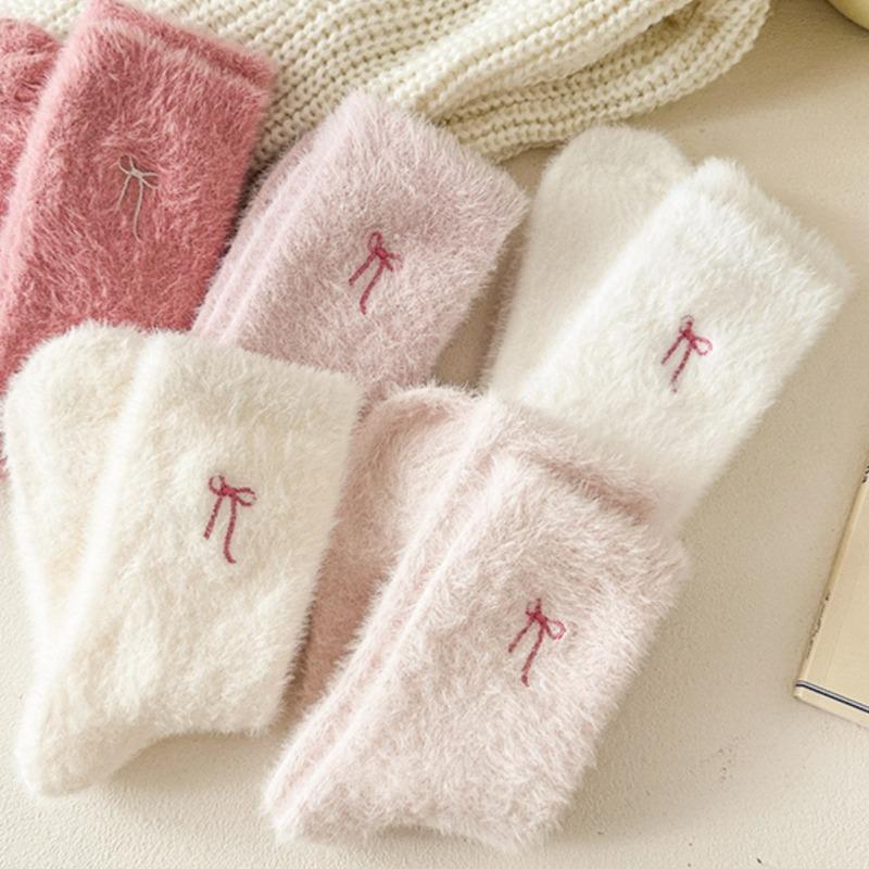 Socks autumn and winter mink velvet home plush women thickened bow medium tube sweet sleep warm sweet mink velvet