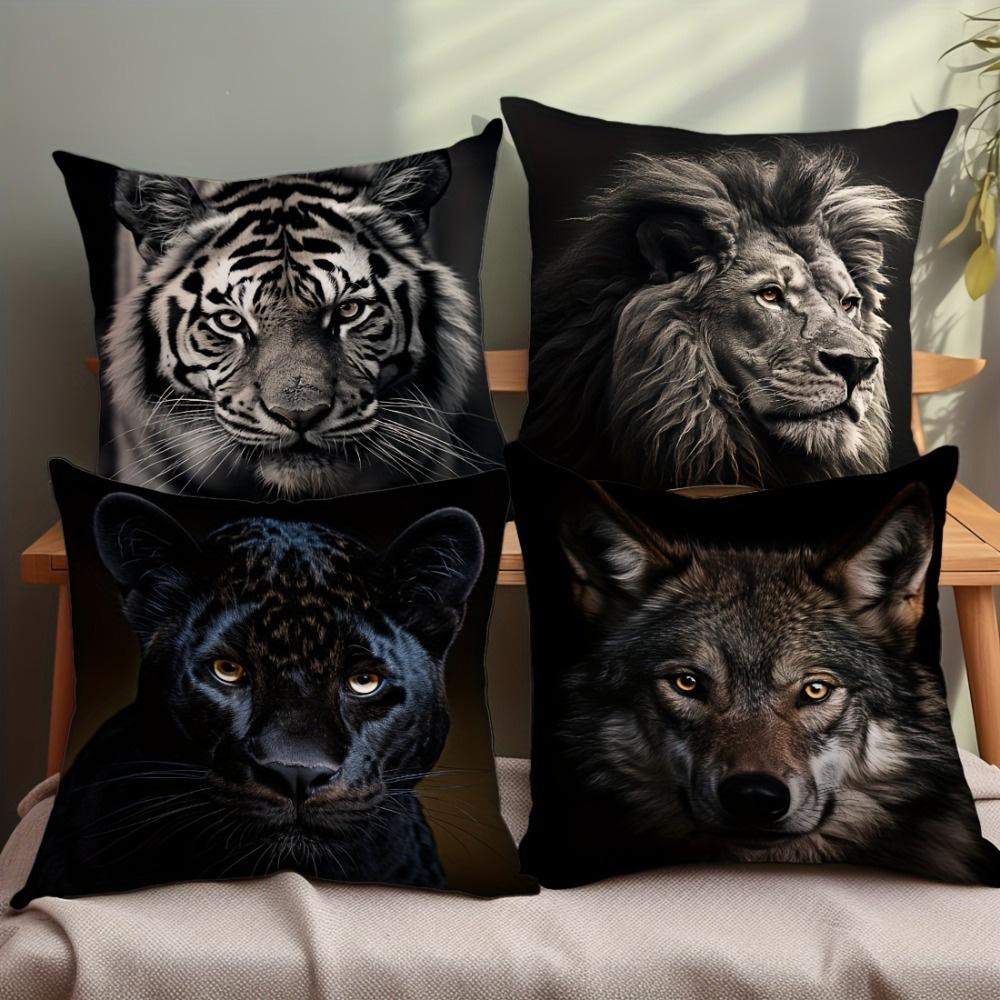 Four Animal Head Pillowcases: Lion, Tiger, Black Panther, and Wolf Sofa Cushion Cover Home Room Decoration 2D Flat Printing