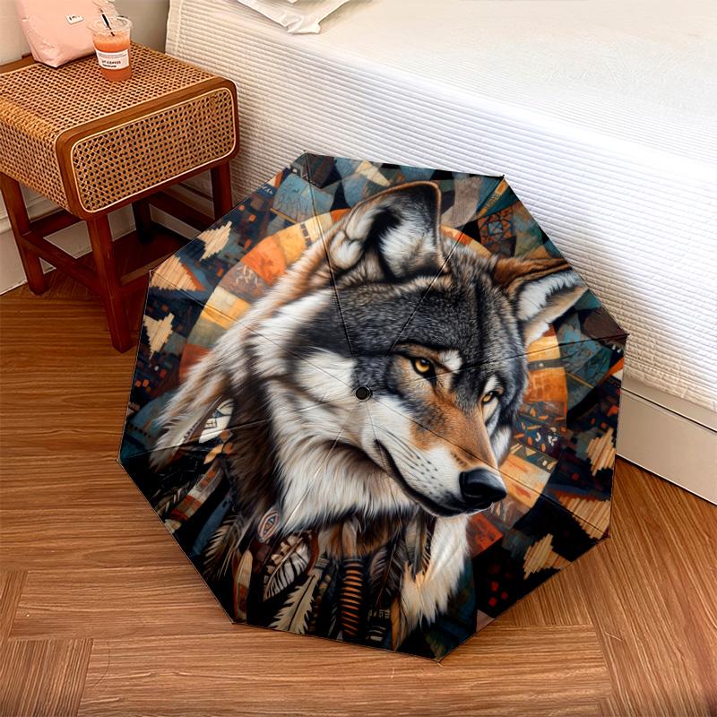 Indian - Style Wolf Pattern, Automatic Folding Umbrella, Portable and Foldable Design, 8 Ribs, a Christmas or Birthday Gift.