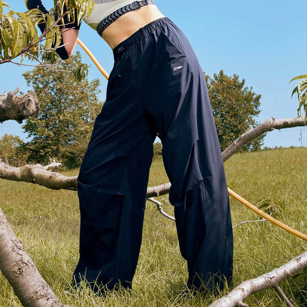 Li Ning Fitness Series Straight Loose Solid Color Mid Waist Knitted Sports Pants Women Bottoms Black AYKU730-1