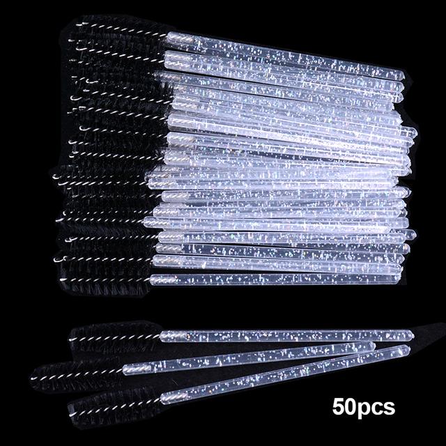 Shiny Crystal Disposable Eyelash Applicator 50pcs/Bag with Nylon Mascara Wands Spoolie Brushes for Lash Extension & Makeup Tools
