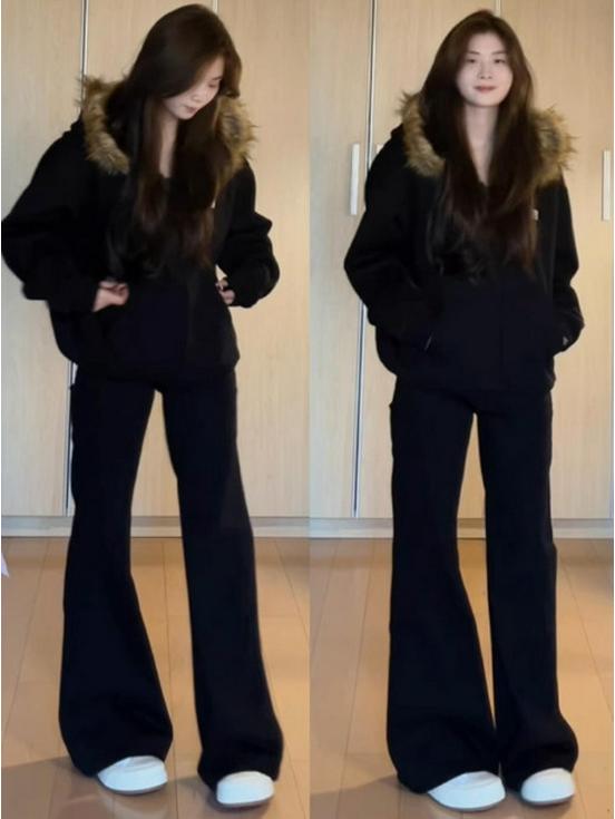 2025 Women's Gray Fur Collar Short Slim Sweatshirt - Petite Korean Style Autumn/Winter Outerwear