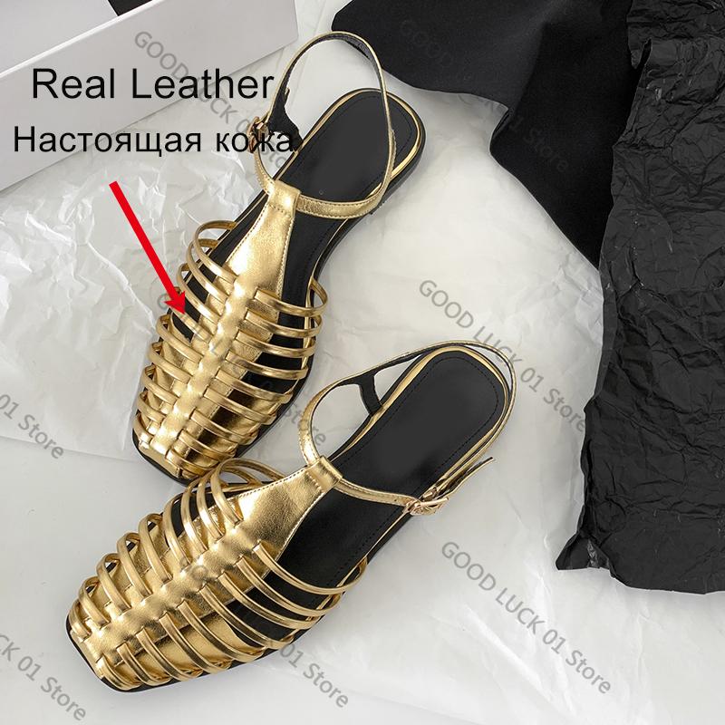 Fashion 2025 Size 34-43 Women Flats Sandals Fashion Summer Shoes Real Leather Casual Sexy Round Toe Party Daily Dress Sandals