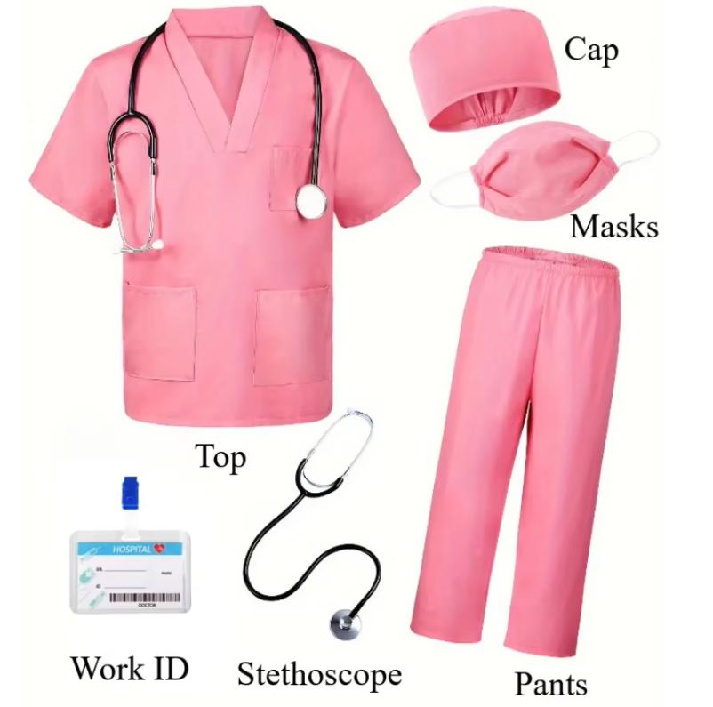 6pcs Doctor Cosplay Costume Nurse Uniform Surgical Short Sleeve Top Pant Hat Mask Stethoscope Mardi Gras Halloween Role Play Set