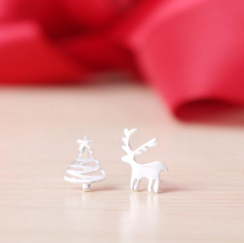 

Серьги-пусеты из стерлингового серебра S925 Рождественская елка и олень с силиконовыми заглушками - Женский праздничный подарок 925 Silver