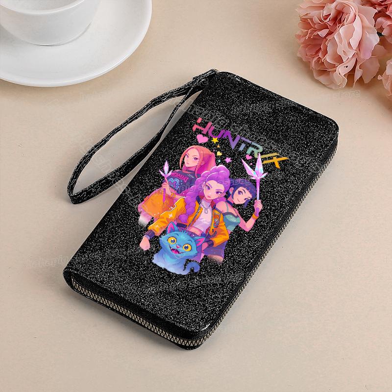 Vysoce kvalitní KPop Lovci démonů Dlouhá peněženka Dámské peněženky na zip Sequin Bling Koženka Kapsa na mince Držák na ID Kartu Dámské Clutch Peněženky