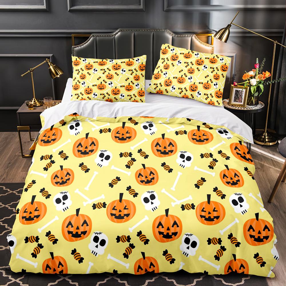 Vintage Halloween Duvet Cover Set, Halloween Cartoon Jack O' Lantern Tombstone Skulls and Bones 2/3pcs Polyester Bedding Set
