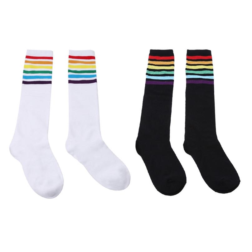 1Pair Girls Thigh High Socks Over Knee Rainbow Stripe Football Socks