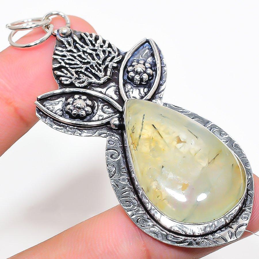 

Этническая ювелирная подвеска ручной работы с драгоценным камнем пренитом 2,80 дюйма VR-1053