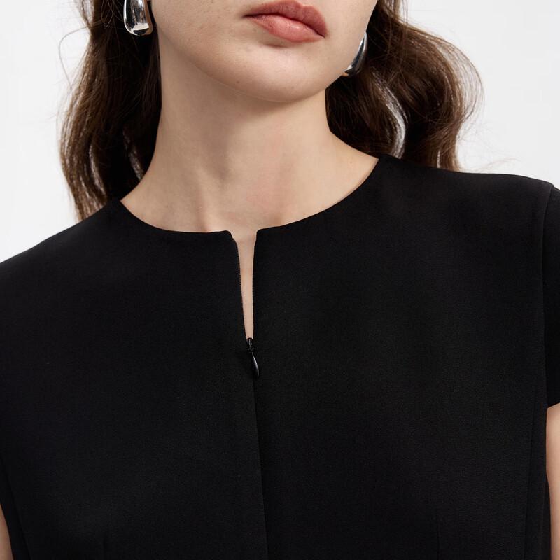 LANCY Acetate Blend Round Neck Waist-Cinching Dress
