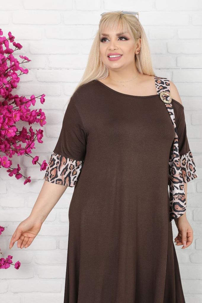 Women's Big Size Dress Asymmetric Cut Shoulder Detailed Buckle Leopard Pattern Viscose Lycra Dress