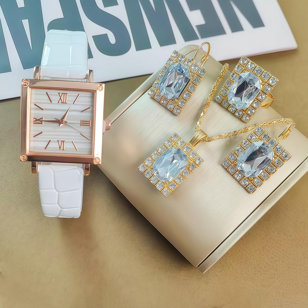 Ladies Square Belt Gem Watch Set, Popular Fashion Light Luxury Bamboo Pattern Ladies Belt Watch