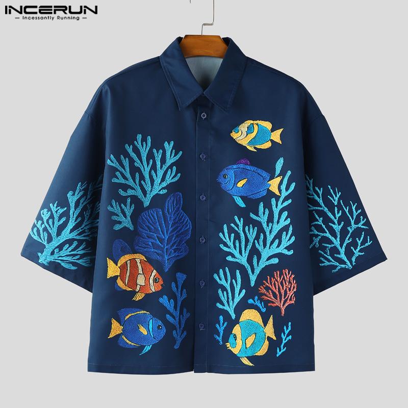 INCERUN Men Casual Loose 3/4 Sleeve Print Oversized Shirts Tops