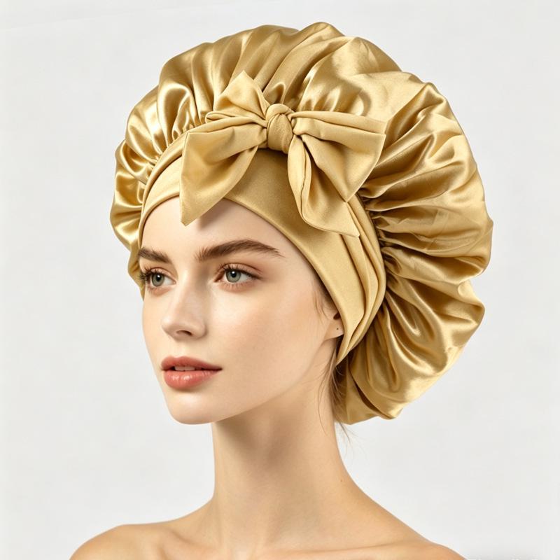 Silky Satin Sleep Cap with Tie-Up Ribbon for Women - Hair Care Hat