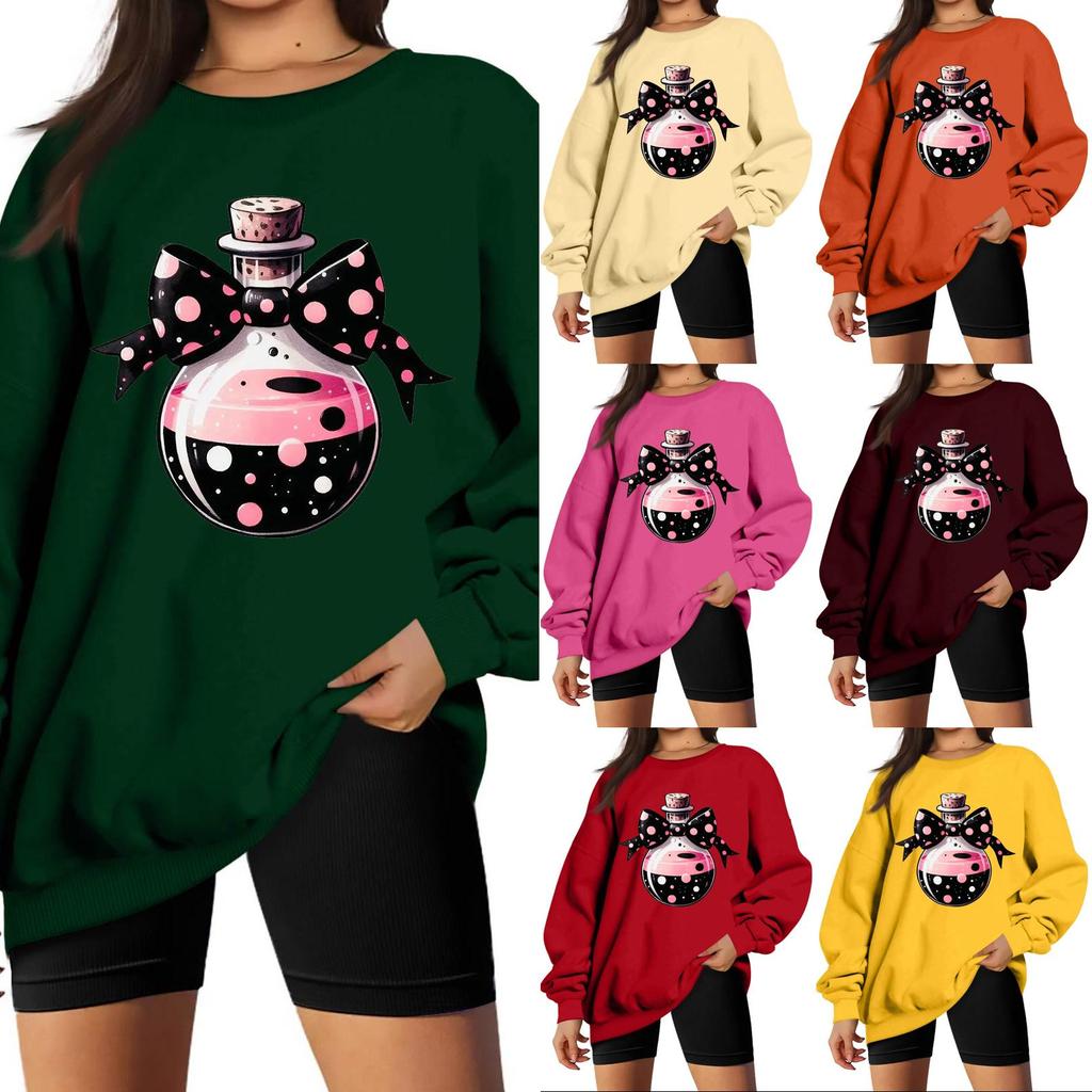 Women's Long Sleeve Neck Sweatshirt Loose Fit Casual Pullover Top with Small Halloween Print