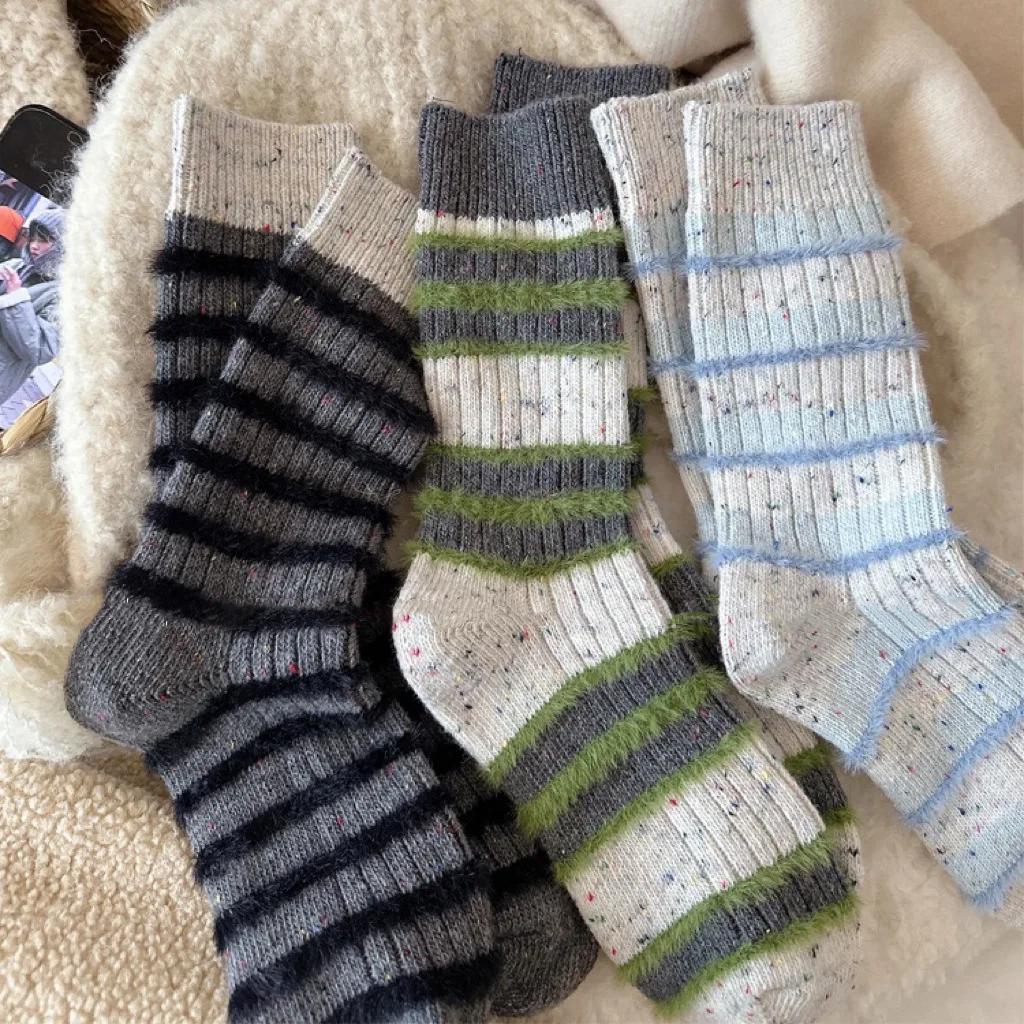 1 pár Podzim Zima Hrubé Teplé Roztomilé Dámské Ponožky Bavlna Korejská Vlna Proužek Designové Ponožky Střední Délky Kawaii Ležérní Harajuku Dámské Ponožky