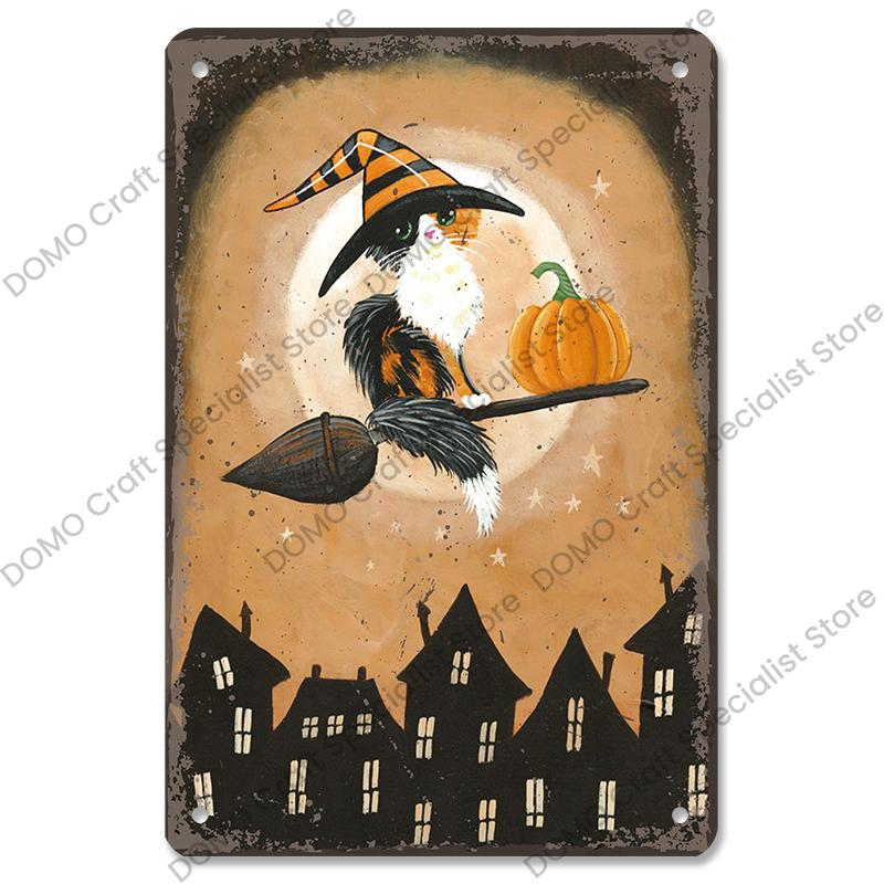 Happy Halloween Retro Poster Metal Plate Jack-O-Lantern Black Cat Witch Metal Tin Signs Vintage Halloween Party Living Room Home