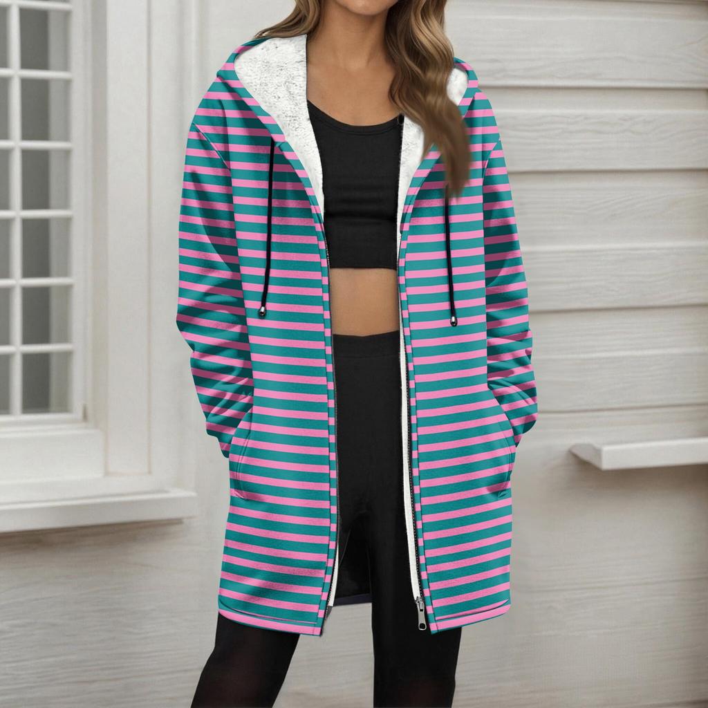 Women's Striped Printed Fashionable Loose Zipper Fleece Hoodie Jacket