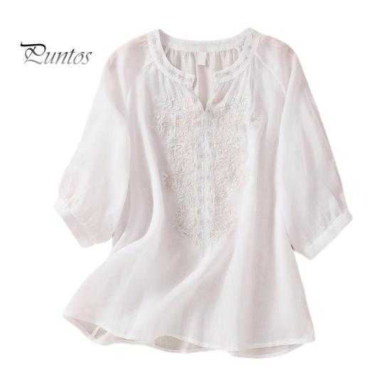 

Летняя женская рубашка с V-образным вырезом и цветочной вышивкой, рукава три четверти, свободная однотонная ретро-мама, женская повседневная блузка среднего возраста XL белый