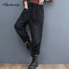 Korean Style Women Streetwear Jeans Elastic Waist Casual Loose Denim Trousers With Pockets Basic Blue Black Ladies' Jeans