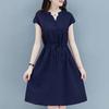 Women's Summer V Neck Cap Sleeve Drawstring Waist Cotton A Line Midi