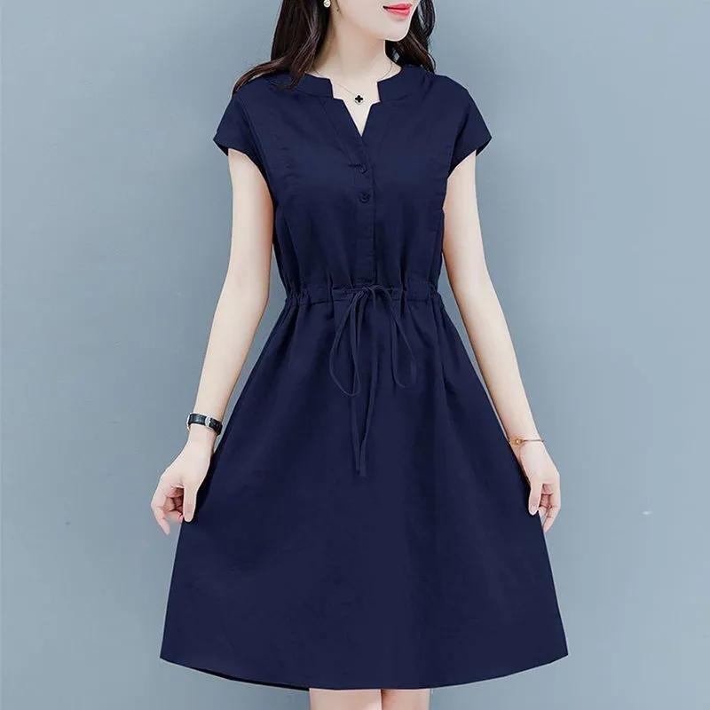 Women's Summer V Neck Cap Sleeve Drawstring Waist Cotton A Line Midi