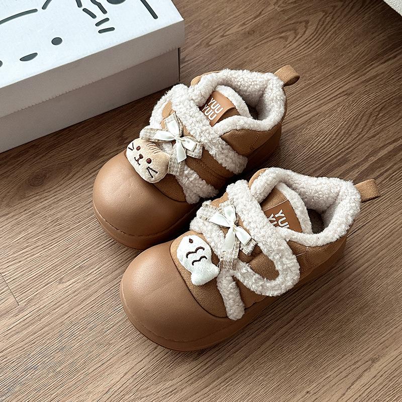 Cute bow KT cat pedal fluffy shoes autumn and winter fashion cartoon Velcro velvet warm girls cotton shoes