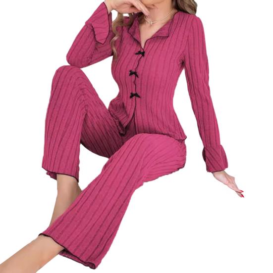 Women 2 Piece Lounge Set Ribbed Button Down Lapel Collar Bowknot Pajamas Set Long Sleeve Soft Comfy Pjs Sleepwear