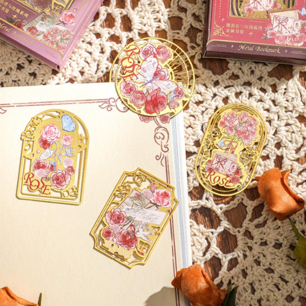 Vintage Exquisite Rose Metal Bookmark Hollow Out Art Flowers Paperclips Reading Mark Decor Page Holder Students Teachers Gift