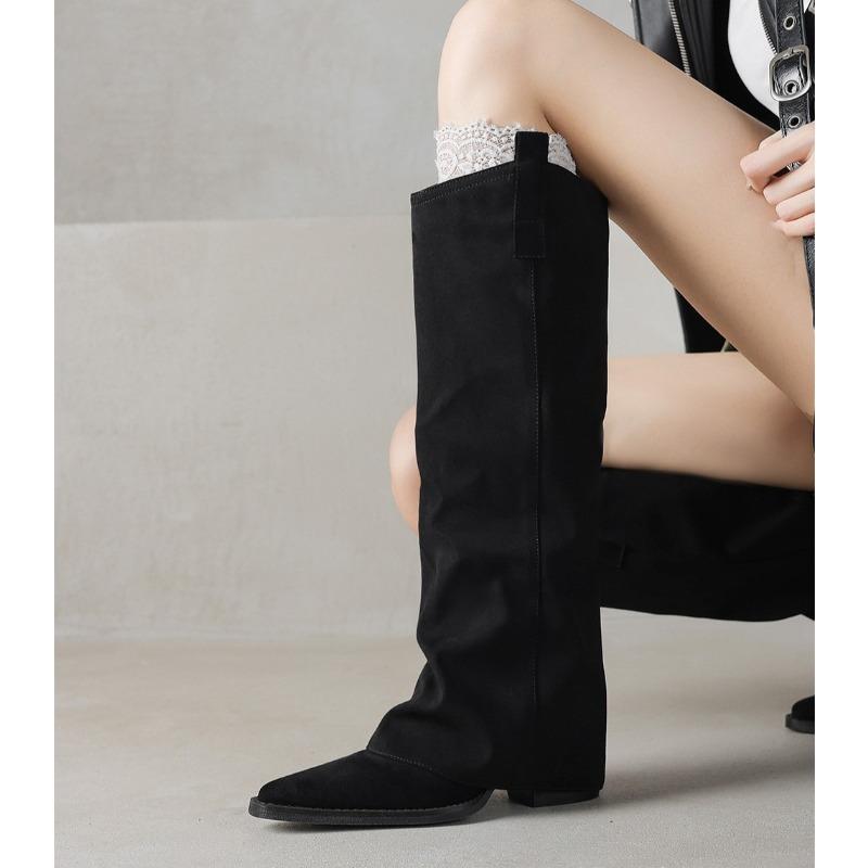 Knee High Heels Women Boots Leather Chunky Fashion Shoes Pointed Toe Snow Long Boots New Designer Pumps Punk Chelsea Botas Mujer