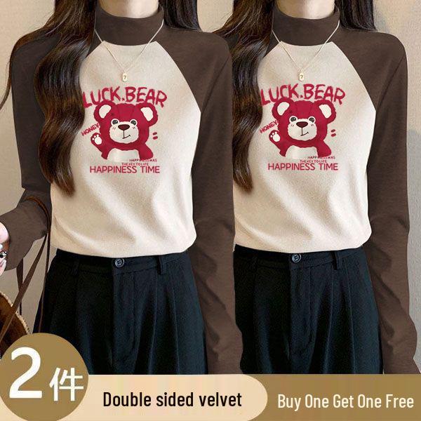 Two-Piece Women's Velvet Color Block Semi-High Neck Warm Slim Fit Shirt