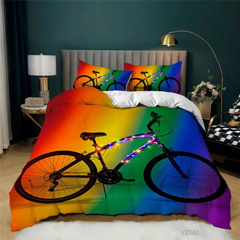 Print Orange Bike Beding Set Adult Peoples Children Kids Winter Soft Duvet Cover featuring Pilowcases Luminous Bicycle Patern Bedrom Warm Comforter
