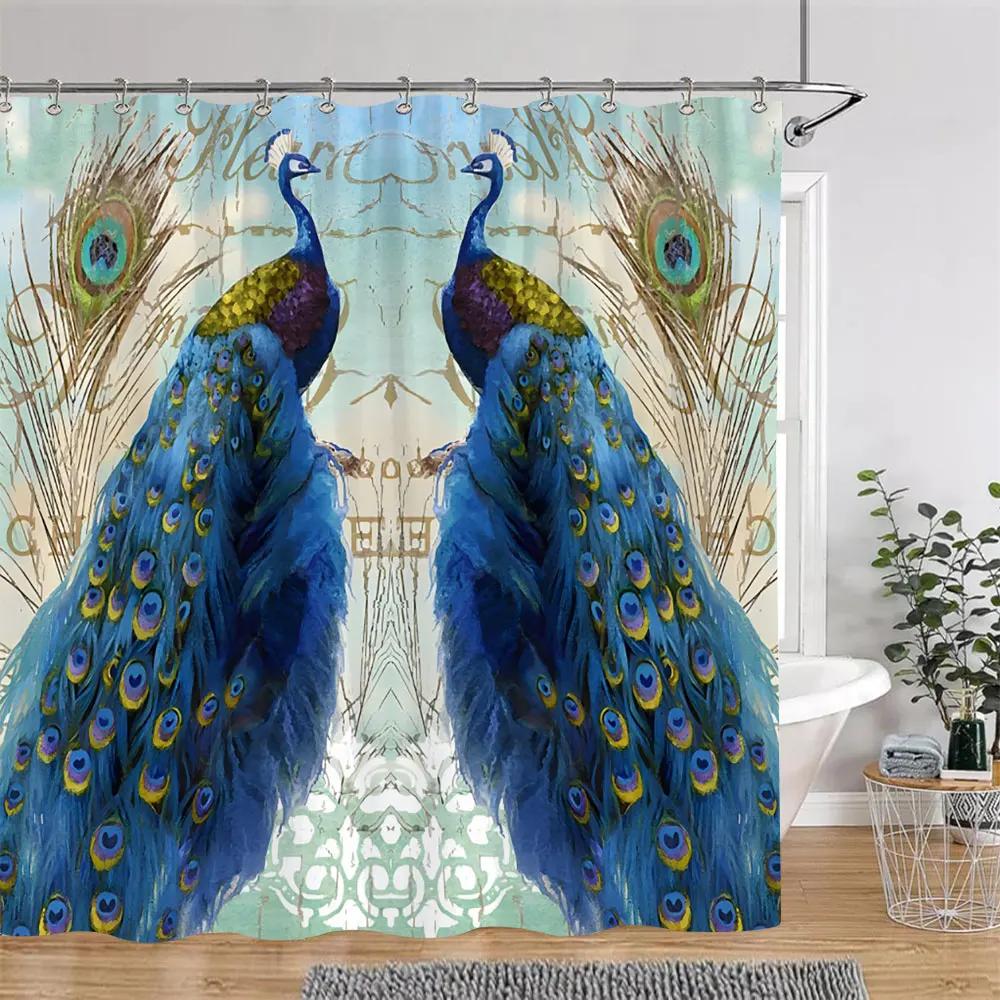 Vintage Peacock Shower Curtain Beautiful Turquoise Blue Peacock Floral Polyester Fabric Shower Curtain Bathroom Decor with Hooks
