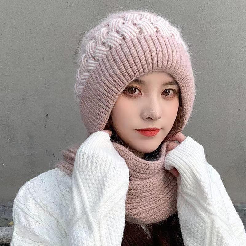Autumn and winter knitted hat women's velvet thickened cold protection ear protection neck cycling mother hat wool hat scarf integrated hat