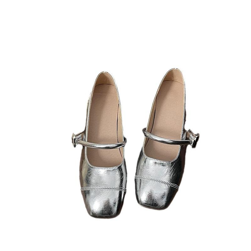 Silver Square Head Thick Heel Single Shoes Women's New Summer New with Skirt Light Mouth Mary Jane Shoes
