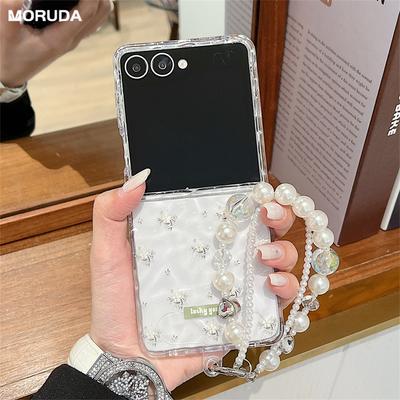 Transparent Water Ripple Flower Wrist Chain Case for Samsung Galaxy Z Flip 7 6 5 Zflip 3 4 Beads Bracelet Bowknot Hard Cover