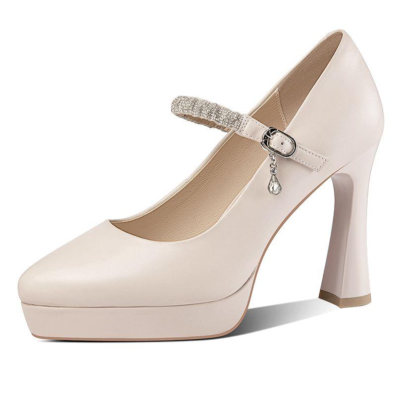 Fashion FHC 2024 New Leather Women Platform Pumps, High Heels Shoes,Front Rhinestone Ankle Buckle Strap,34-40,Black,Beige,Dropship