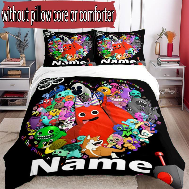 3pcs Duvet Cover Set (1*Duvet Cover + 2*Pillowcase, Without Core), Custom Name Game Rainbow Friends Pattern Bedding Set, Home Bedroom Decor Gift