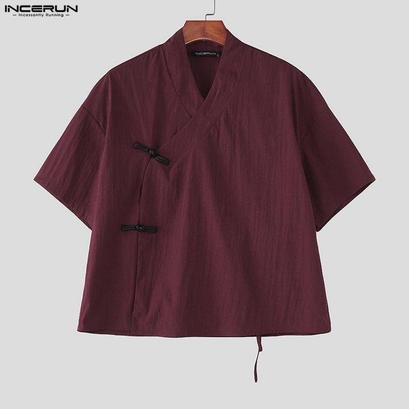 INCERUN Camicie Casual Estive Oversize da Uomo con Scollo a V a Maniche Corte Nodo Retro Top