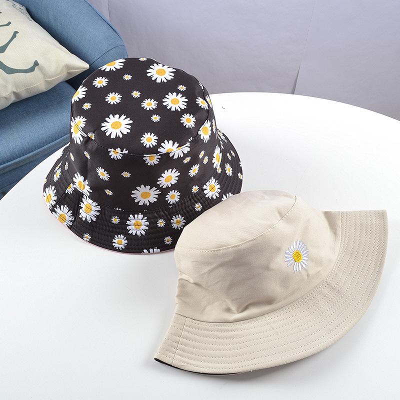 Summer Daisy Double-Sided  Bucket Hats Women's Embroidery Hip Hop Panama Bob Caps Folded Beach Sun Fisherman Hat For Ladies