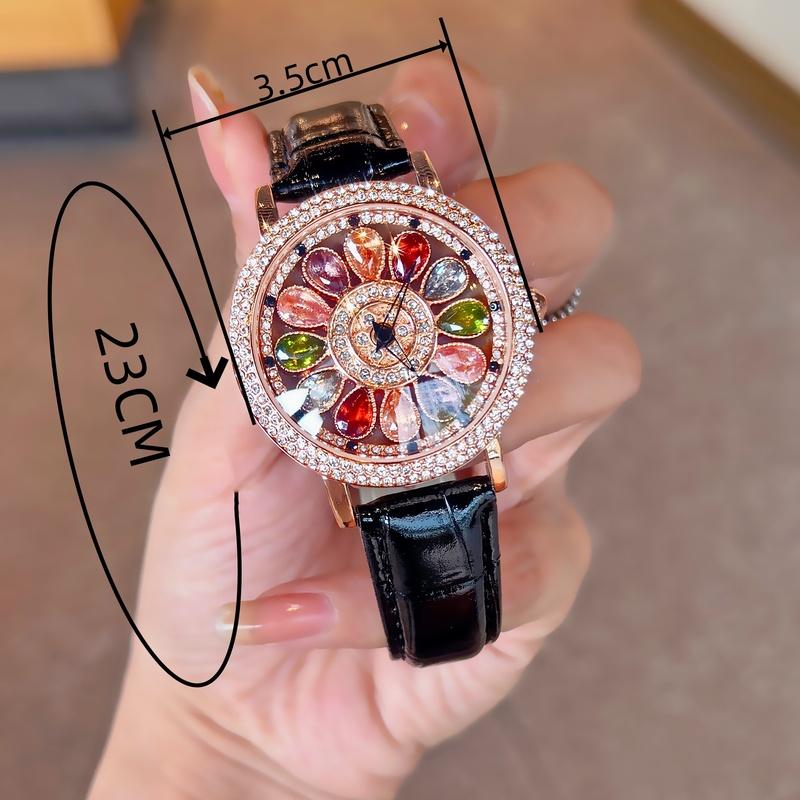 1pc Dazzling And Fashionable Women's Quartz Watch With Colorful Rhinestone Inlay, Featuring An Alluring Rotatable Dial, Durable