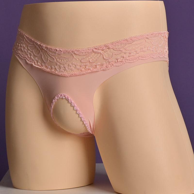 Women Sexy Briefs Lace Open Crotch Underwear Low Waist Breathable Panties Ice Silk Elastic Underpants See-Through Sissy Lingerie