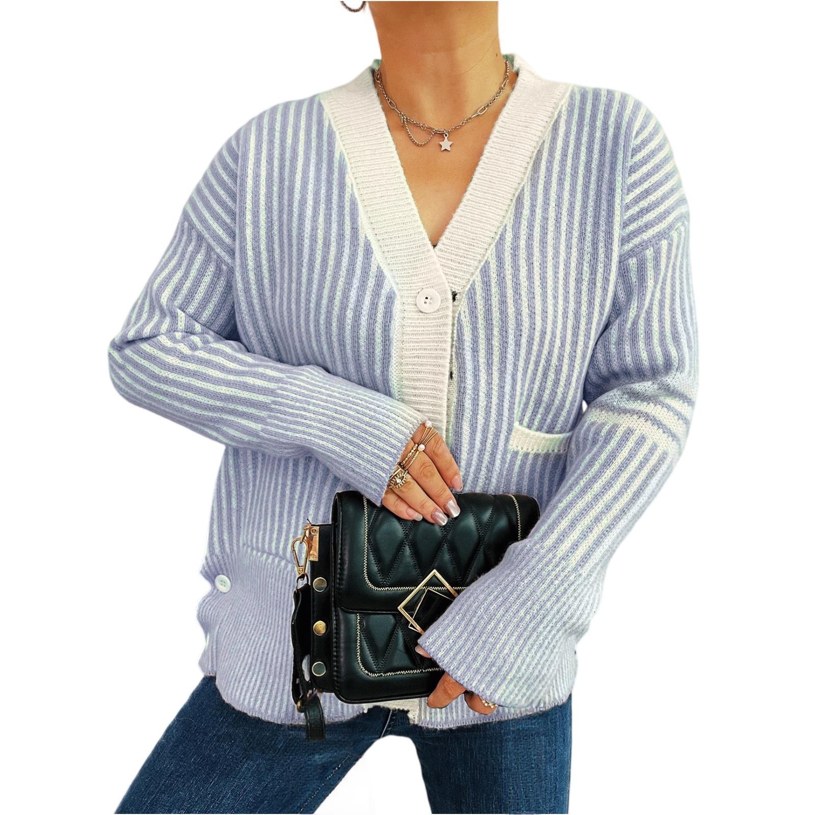 

Women s Fashionable Casual Retro Vertical Stripe Large Pocket V-neck Single Breasted Long Sleeved Knitted Cardigan Sweater Jacket S